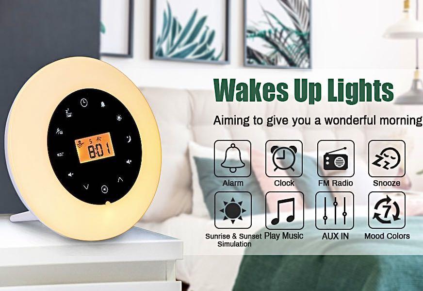 Colour Changing Mood Light Roxel Alarm Clock Wake Up Light Sunrise/Sunset Simulation Table Bedside Lamp with FM Radio Nature Sounds and Touch Control Function White