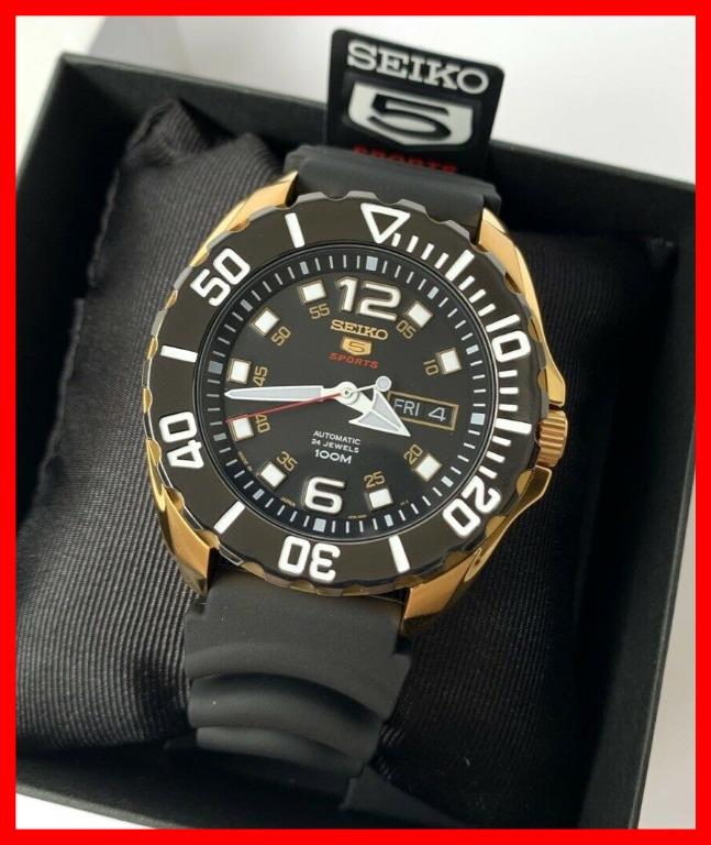Seiko 5 Sports Japan Made Automatic Black Gold Rubber Men Watch Men S Fashion Watches On Carousell