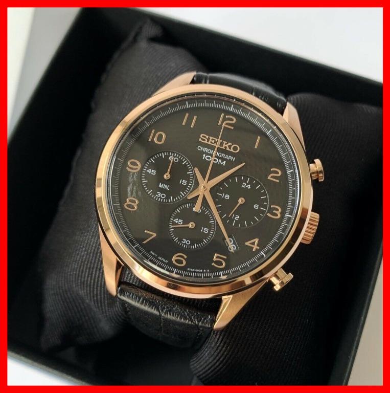 Seiko Chronograph Black Dial Rose Gold and Black Leather Men Watch, Men's  Fashion, Watches & Accessories, Watches on Carousell