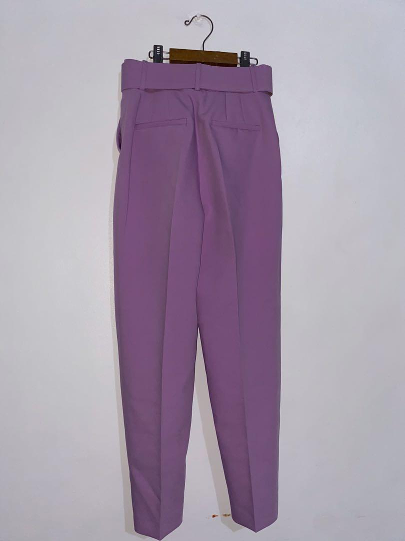 ZARA PURPLE HIGH-WAIST TROUSERS WITH BELT (PANTS), Women's Fashion,  Bottoms, Other Bottoms on Carousell