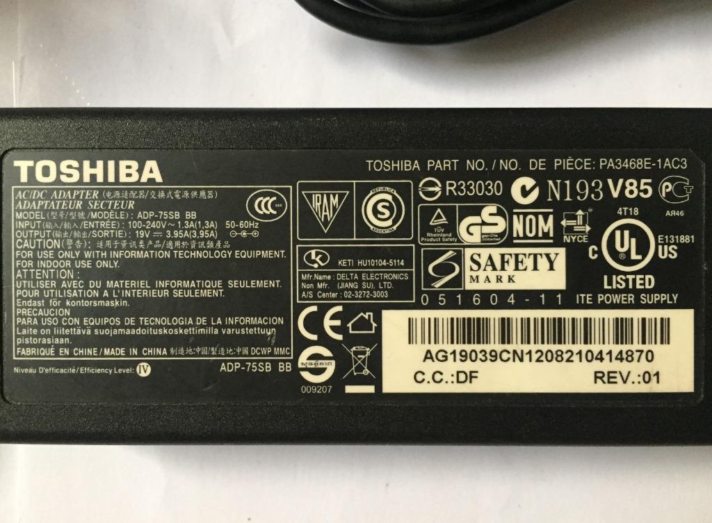 19V Toshiba Laptop Charger (Category: Chargers) located in Imus. Submitted by nhelsg2 (Listing ID 1009174841, Image 3). Description: Toshiba ADP-75SB BB Laptop Ac Charger / Adapter, No Box Model# ADP-75SB BB Input AC 100-240V, (1.3A) 50-60Hz (worldwide use) Output 19V (3.95A) Package Contents: 1. Toshiba ADP-75SB BB Laptop Ac Adapter * 1 2. Toshiba ADP-75SB BB Power Cord/Power Cable * 1 Good working condition. No swap / trade & meet ups. No retur