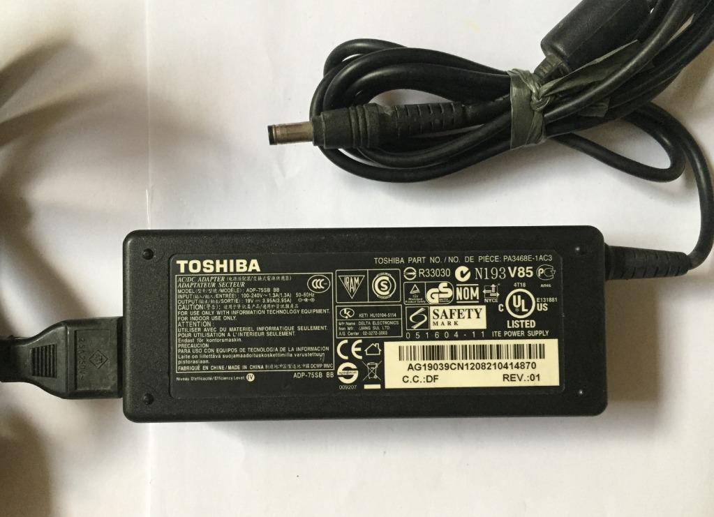 19V Toshiba Laptop Charger (Category: Chargers) located in Imus. Submitted by nhelsg2 (Listing ID 1009174841, Image 2). Description: Toshiba ADP-75SB BB Laptop Ac Charger / Adapter, No Box Model# ADP-75SB BB Input AC 100-240V, (1.3A) 50-60Hz (worldwide use) Output 19V (3.95A) Package Contents: 1. Toshiba ADP-75SB BB Laptop Ac Adapter * 1 2. Toshiba ADP-75SB BB Power Cord/Power Cable * 1 Good working condition. No swap / trade & meet ups. No retur