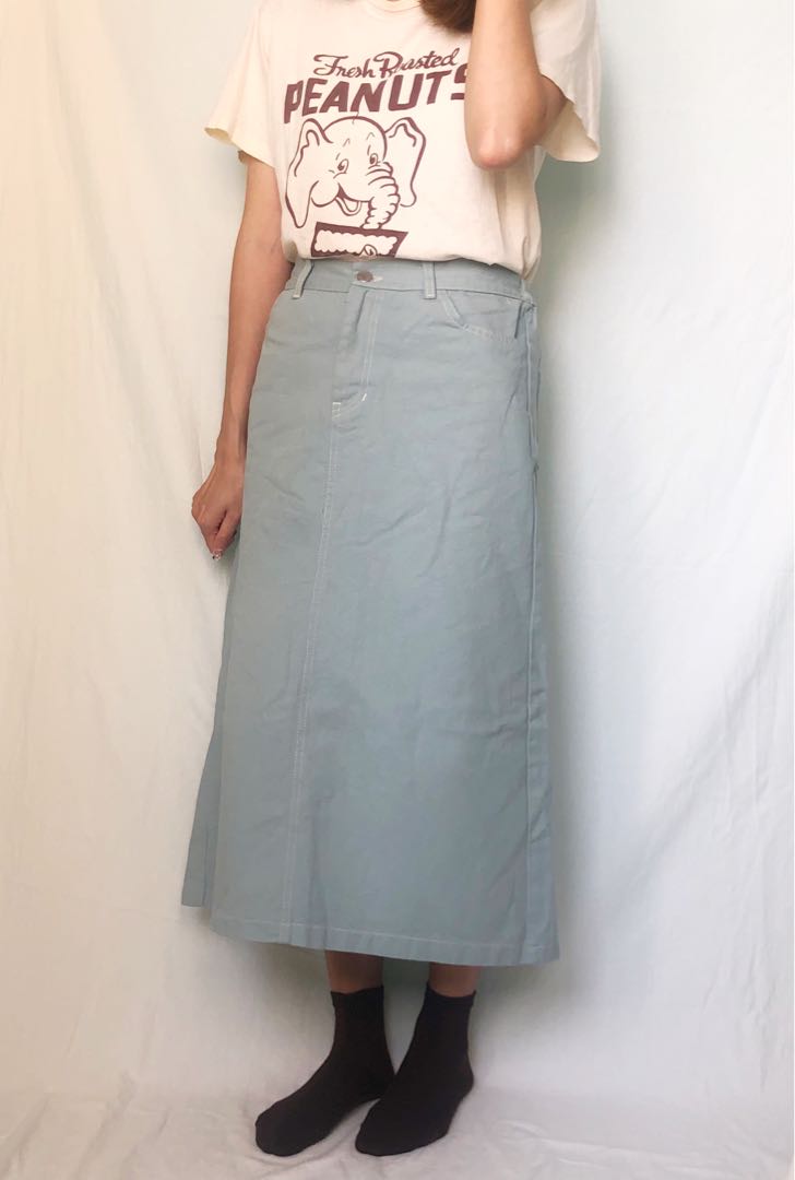 韓國 in a stone 藍色 女裝 綿質 中長裙 文青 工裝made in korea woman blue skirt dress boylish sale top