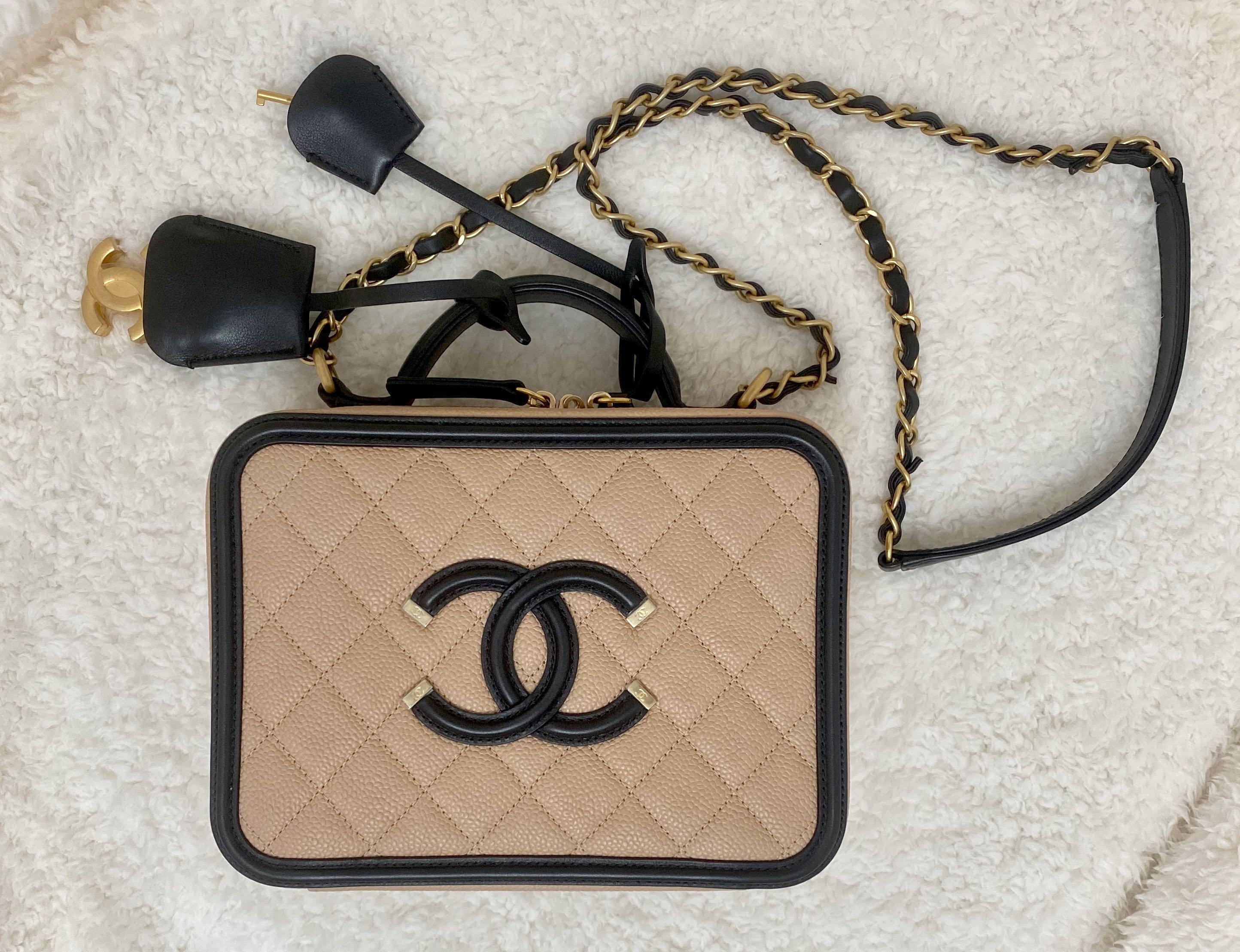Authentic Chanel Medium Filigree Vanity Case Sling Bag in Beige