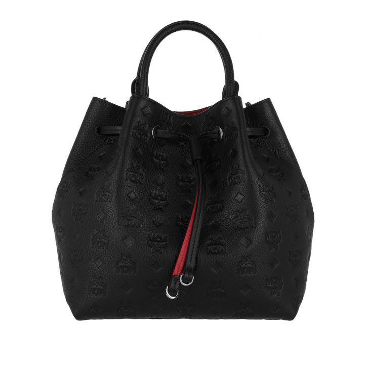 Authentic MCM Klara Monogrammed Leather Drawstring Black Bag
