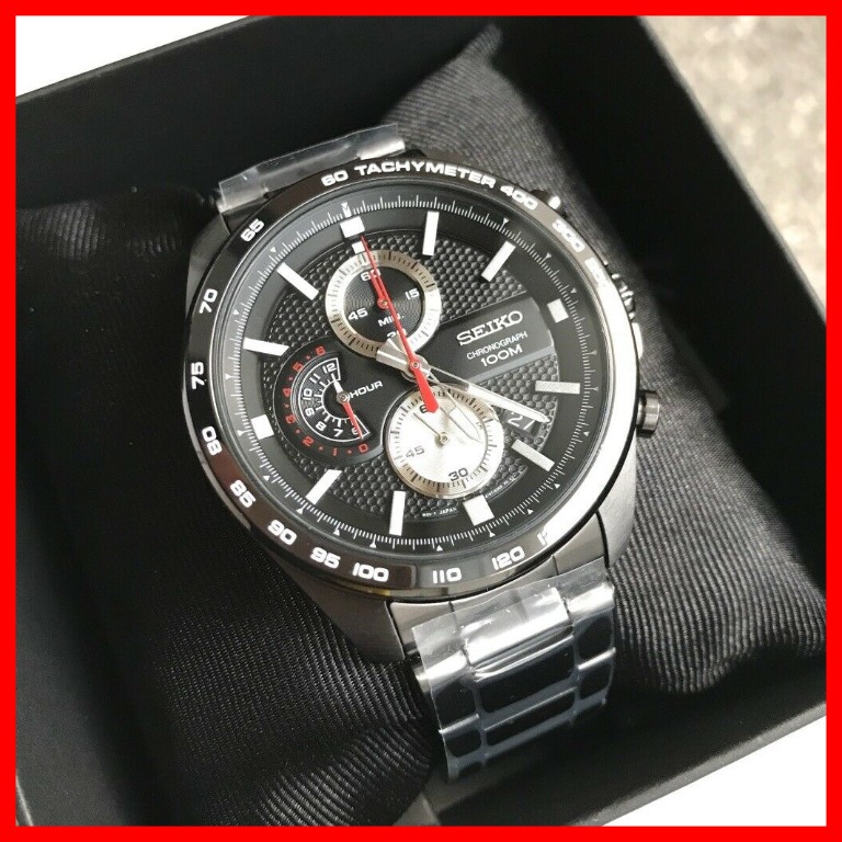 Seiko Chronograph Tachymeter Black Dial Black Silver Steel Men
