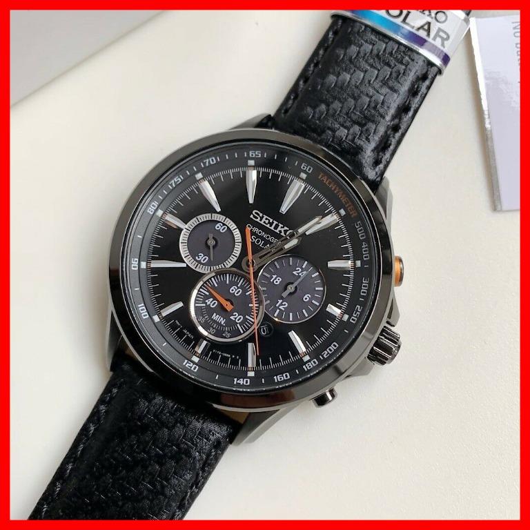 Seiko Solar Chronograph Tachymeter Black Leather Strap Men Watch, Men's  Fashion, Watches & Accessories, Watches on Carousell