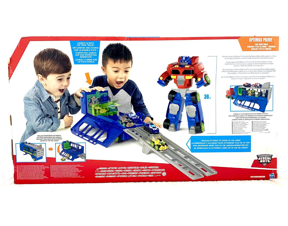 Playskool heroes transformers rescue bots flip racers optimus prime race track trailer store