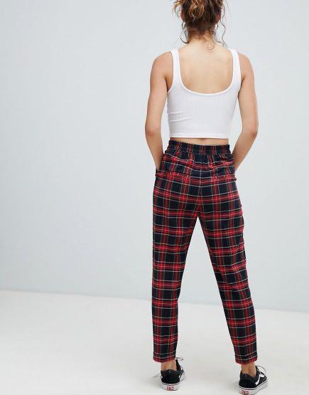 bershka high waisted red plaid pants