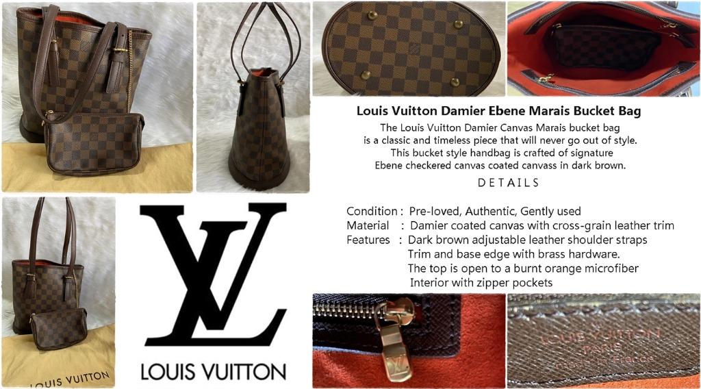 Louis Vuitton Authentic Brown Damier Ebene Marais Bucket Bag with Pouch