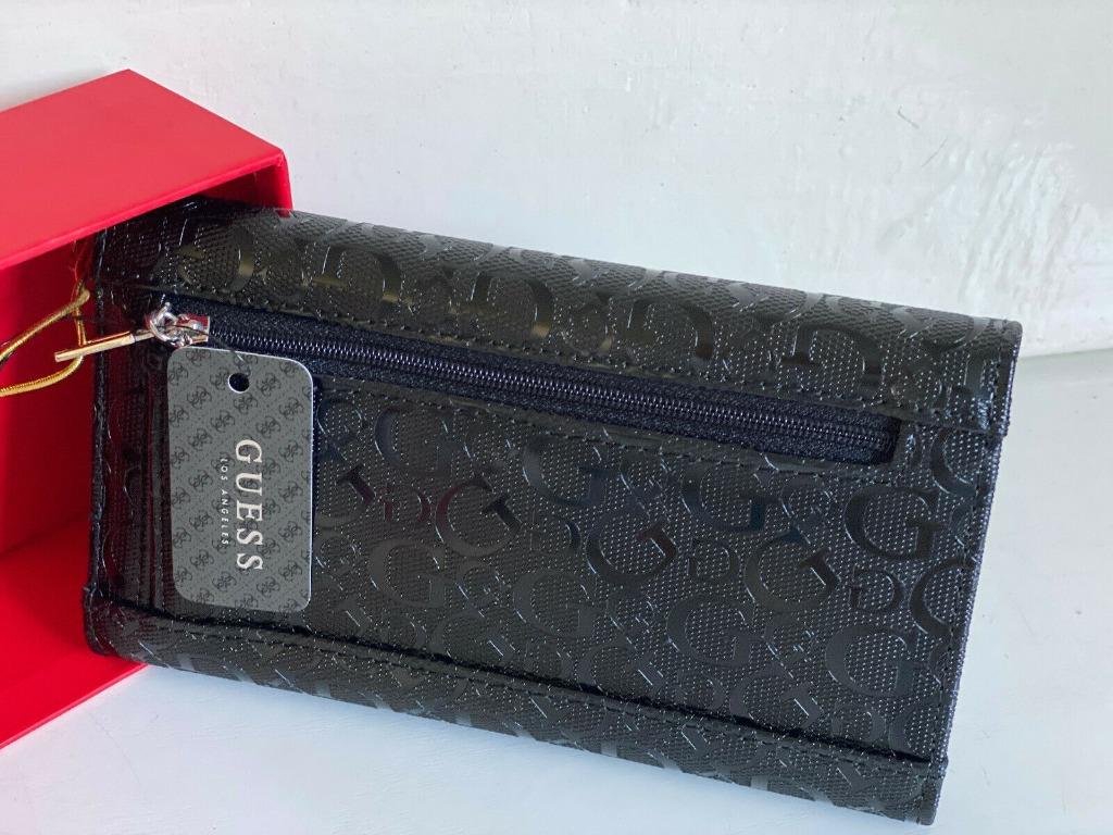 NEW W/ BOX GUESS GLEESON SIGNATURE LOGO BLACK PATENT CLUTCH WALLET ...