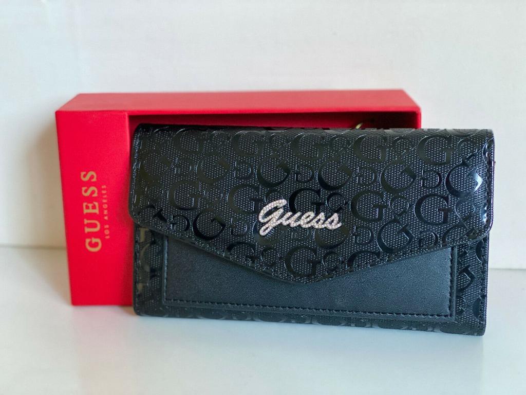 NEW W/ BOX GUESS GLEESON SIGNATURE LOGO BLACK PATENT CLUTCH WALLET ...