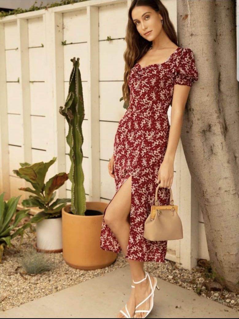 Red ditsy floral split midi dress hotsell