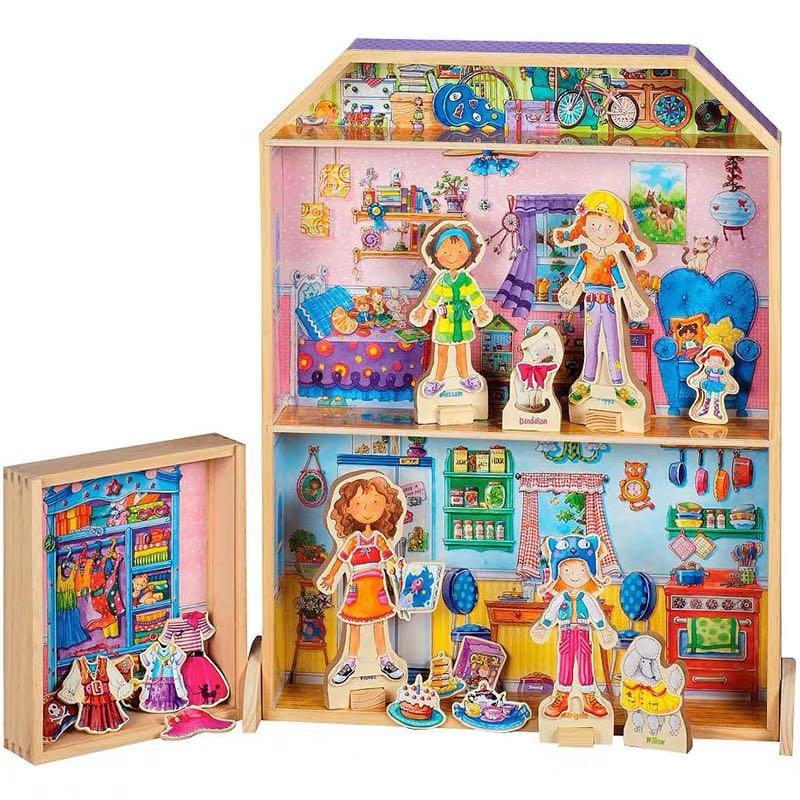 T.S. Shure Daisy Girls Wooden Dollhouse and Magnetic Dress Up Set