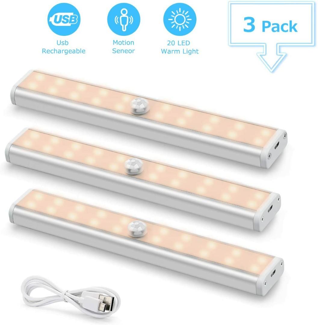 Warm Light for Wardrobe Closet Motion Sensor Under Cupboard Lights 3 Pack Cabinet Kitchen Night Lights with 6 Sticky Magnetic Strips Fansteck USB Rechargeable LED Lighting Kit with 30 LED 