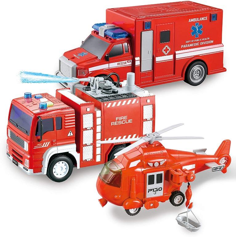 chk) JOYIN 3 in 1 Friction Powered City Fire Rescue Vehicle Truck Car Set  Including Helicopter, Ambulance, and Fire Engine, with Light and Sound,  Hobbies & Toys, Toys & Games on Carousell