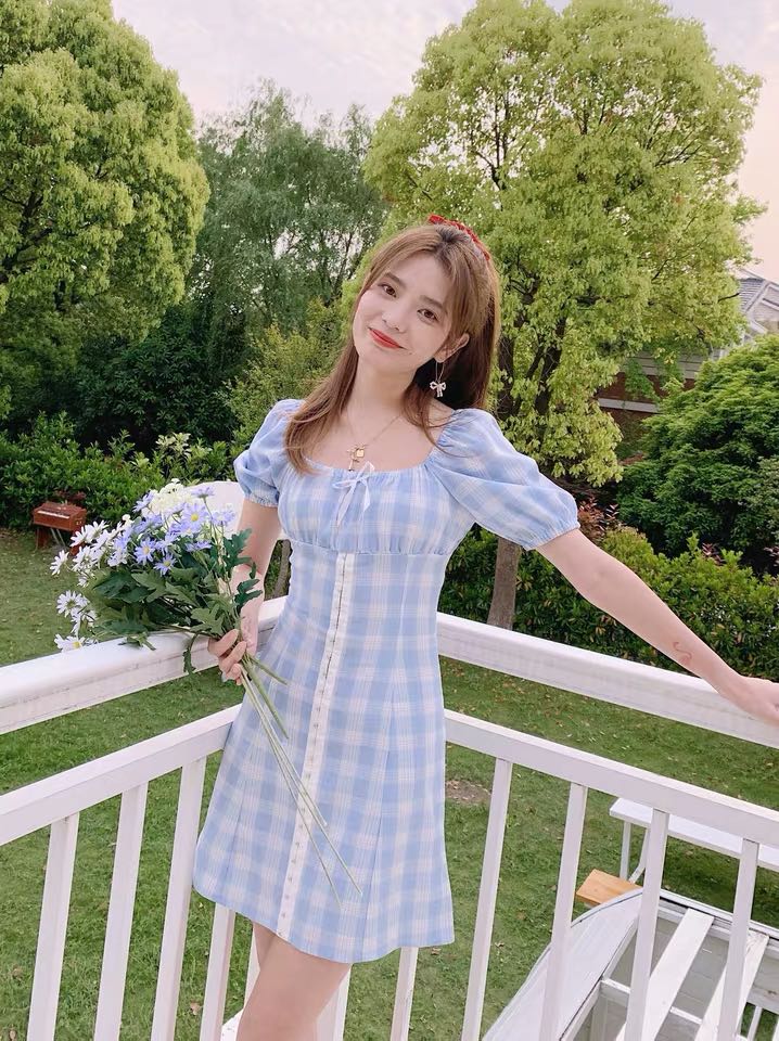 Light Blue Gingham Milkmaid Dress Women s Fashion Tops