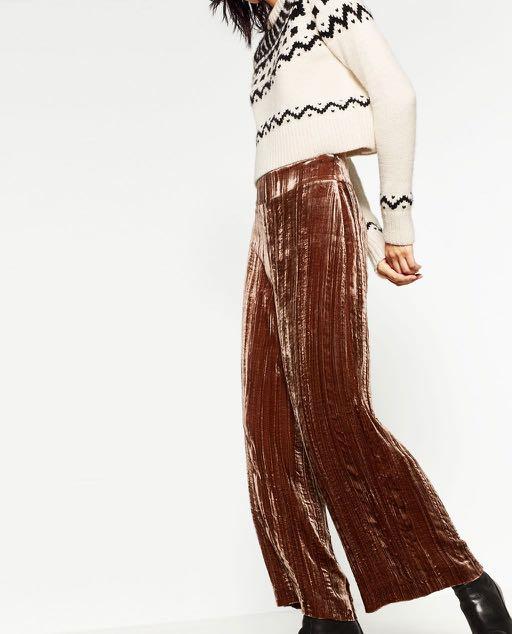 Zara Womens Wide Leg Pants Size M Pull On Luxe Gray High Rise Velvet  Drawstring | eBay