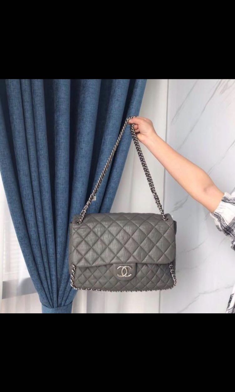 💯 % Authentic CHANEL Washed Lambskin Chain Around Maxi Flap Bag