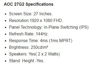 Aoc 27g2 144hz Gaming Monitor Electronics Computers Desktops On Carousell