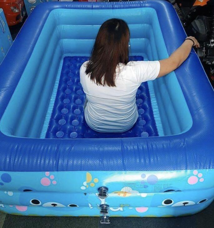 Funny bear inflatable pool (Category: Bathtub & Bath Accessories) located in Cainta. Submitted by krissssh (Listing ID 1004033462, Image 2). Description: Bunny bear Pool 1.8m Available Size: 71 inches x 55 inches x 24 inches (180cm x 140cm x 60cm) Bubble Mat, 3 Layer, Makapal. Highquality Mas makapal compare sa bestway/intex.
