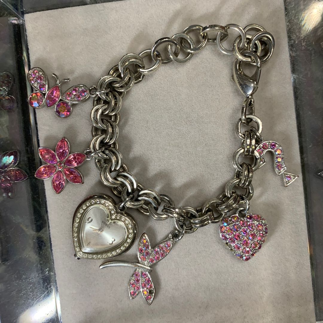 Guess Charm Bracelet Watch Women Silver Tone Charm Band Pink Heart Battery  8