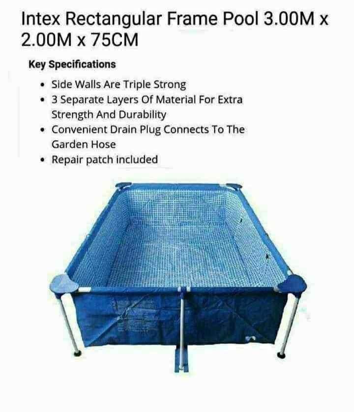 Intex Rectangular Frame Pool 3m x2m Steel Pro Pool (Category: Water Sports) located in Manila. Submitted by borntoshop888_rechargeables (Listing ID 1004214293, Image 3). Description: 💕💕💕💕💕💕💕💕 INTEX RECTANGULAR FRAME POOL SIZE: 3meters x 2meters x 75cm deep Key Specifications: *100% Genuine *Side walls are triple strong *3 Separate layers of material for extra strength and durability *Convenient drain plug connects to the garden hose *Repa