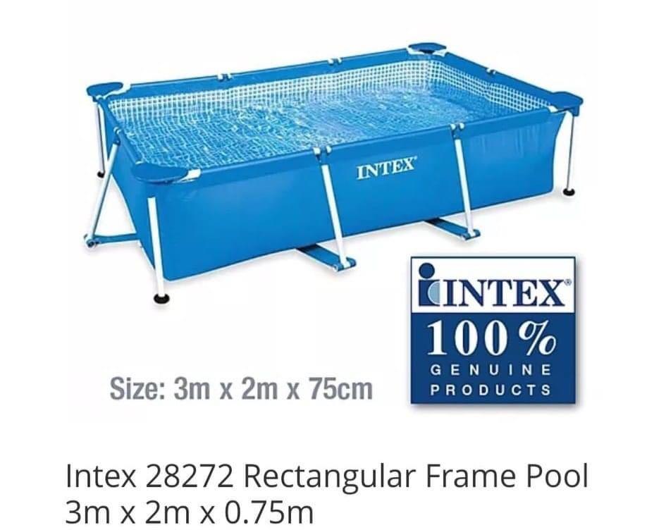 Intex Rectangular Frame Pool 3m x2m Steel Pro Pool (Category: Water Sports) located in Manila. Submitted by borntoshop888_rechargeables (Listing ID 1004214293, Image 1). Description: 💕💕💕💕💕💕💕💕 INTEX RECTANGULAR FRAME POOL SIZE: 3meters x 2meters x 75cm deep Key Specifications: *100% Genuine *Side walls are triple strong *3 Separate layers of material for extra strength and durability *Convenient drain plug connects to the garden hose *Repa