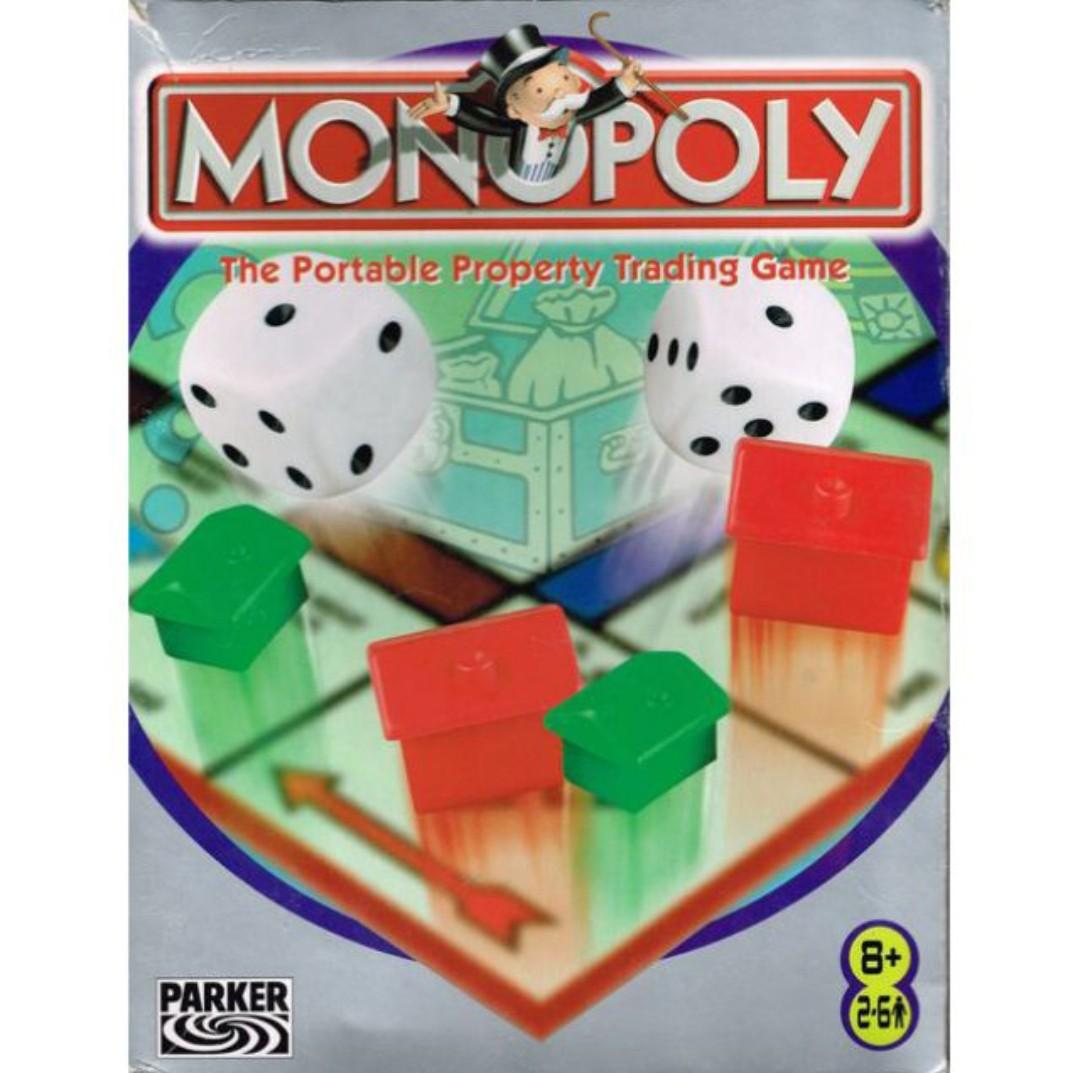 Monopoly : The Portable Property Trading Game (Category: Board Games & Puzzles) located in Quezon City. Submitted by sulitproductss (Listing ID 1004047972, Image 1). Description: A very small travel version of Monopoly which often comes in the shape of a red suitcase and plays very similarly to the original game. One difference is that it contains three dice. The Community Chest and Chance cards are replaced with tables. Three dice are rolled and
