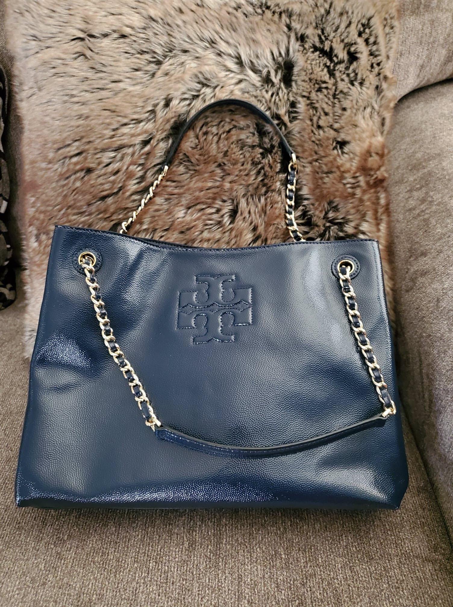 Tory Burch Navy Patent Leather Chain Tote Women S Fashion Bags Wallets Purses Pouches On Carousell