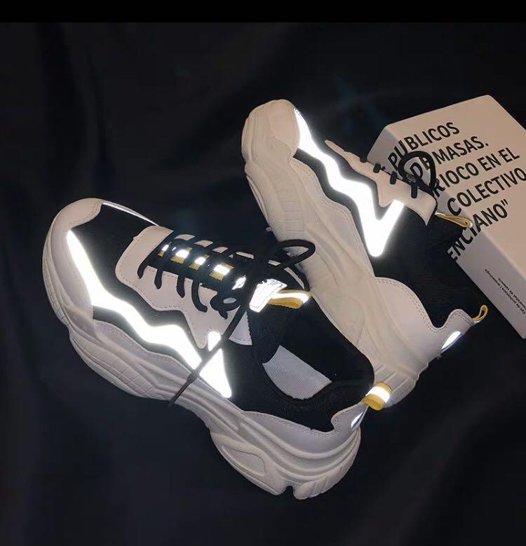 1098 tumblr basic ulzzang neon glow in the dark reflective black chunky sneakers