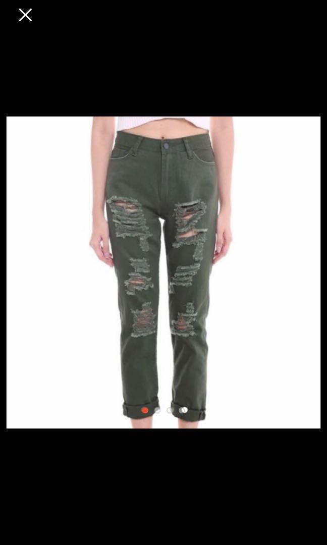army green ripped jeans