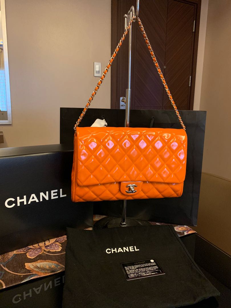 Chanel Neon Orange Lambskin Medium Double Flap Bag Silver Hardware   Madison Avenue Couture