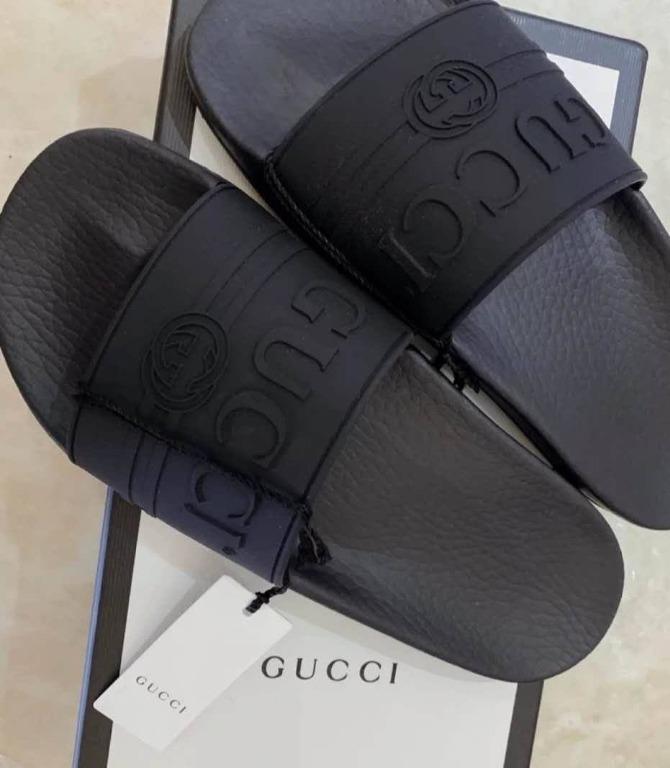 Gucci Black Logo Rubber Slide Sandal Men S Fashion Footwear Slippers Sandals On Carousell