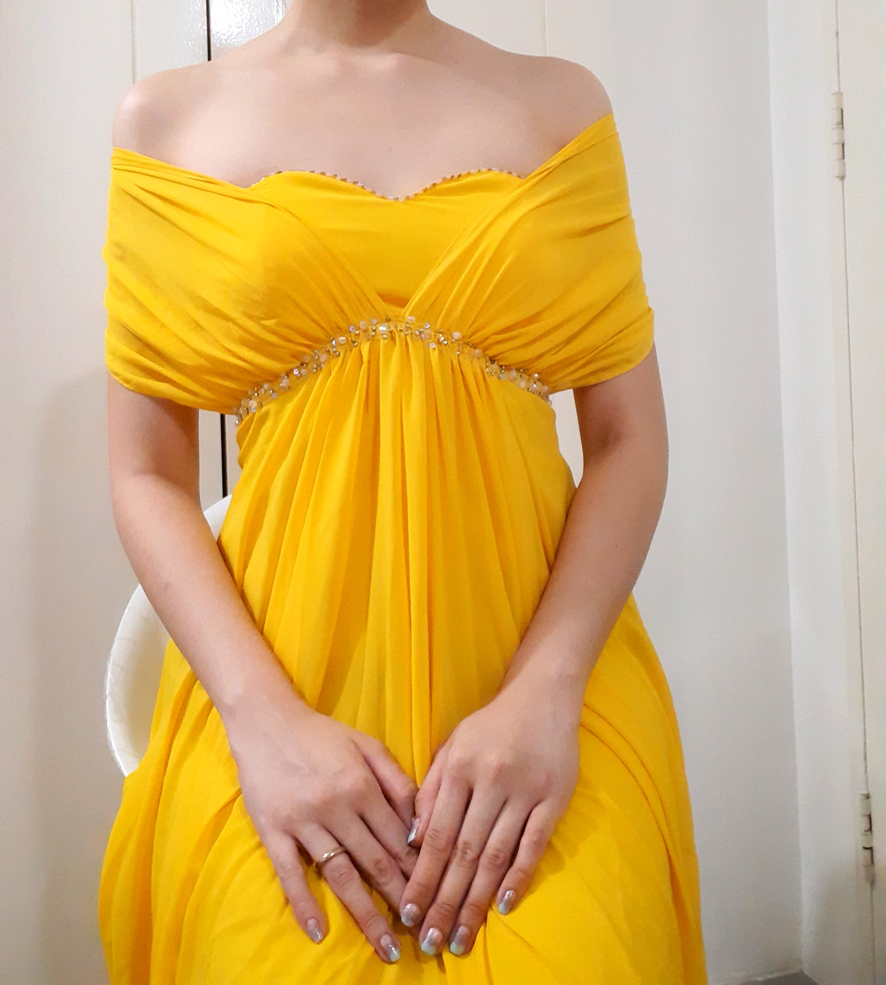 yellow gown with sleeves