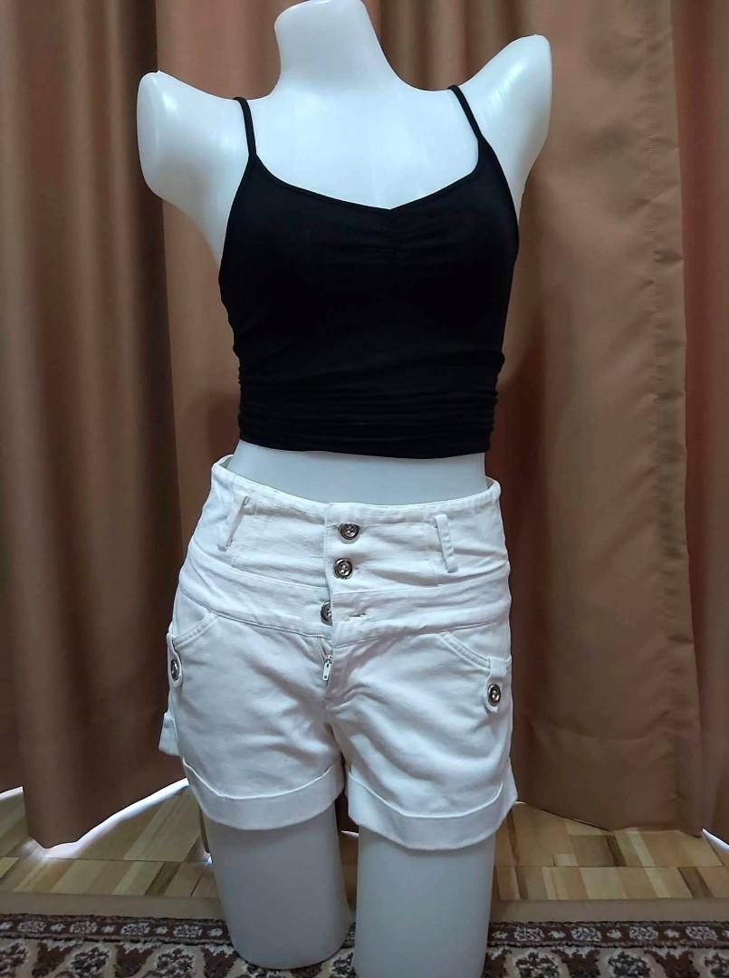 Button High Waisted White Denim Shorts 