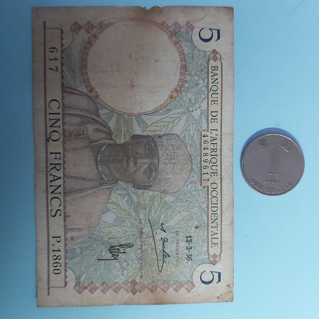 1936年。法屬西非。5法郎。1860。S35, 興趣及遊戲, 收藏品及紀念品, 錢幣- Carousell