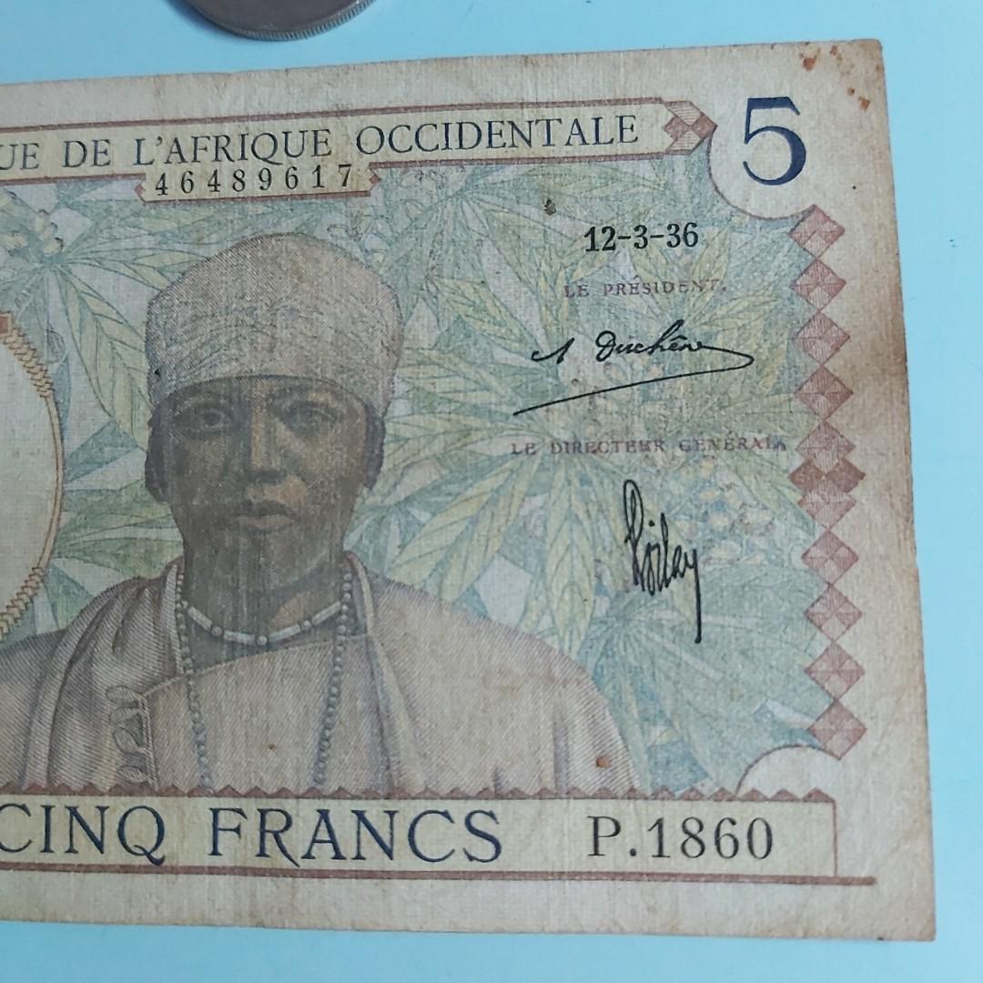 1936年。法屬西非。5法郎。1860。S35, 興趣及遊戲, 收藏品及紀念品, 錢幣- Carousell