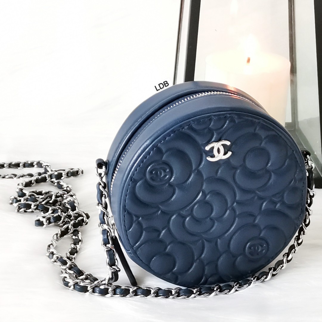 Authentic Chanel Round Sling Bag Navy Camellia Silver Hardware