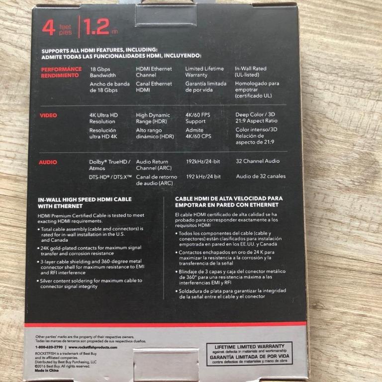 Rocket Fish (Category: Other Accessories) located in Singapore. Submitted by ajdynamite (Listing ID 1010166909, Image 2). Description: Rocket Fish 4K UHD and HDR HDMI cable Carousell Protection New BNIB premium certified HDMI cable from rocketfish. it's 4K UHD and HDR compatible and 1.2m long. .24 k gold plated contacts for maximum signal transfer and corrosion resistance. .3 layer cable shielding and 360 degree metal connector shell for maximum 