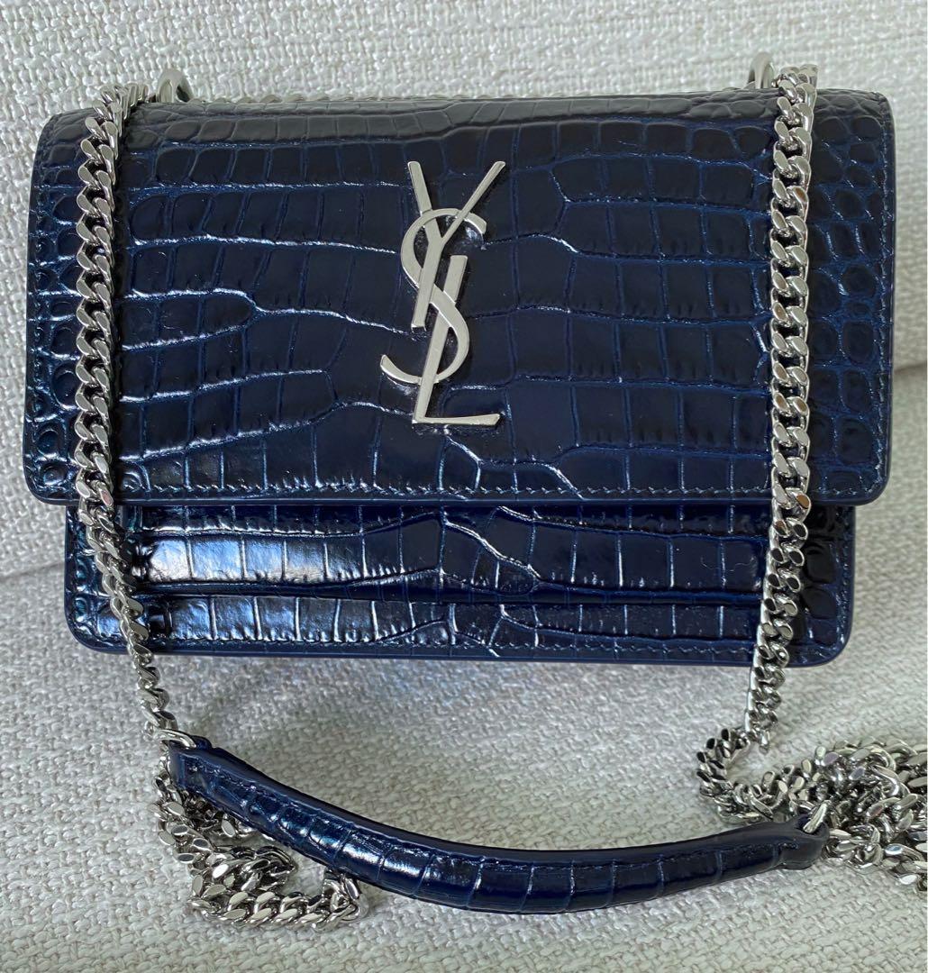 YSL Mini Dark Blue Sunset Croc Embossed Leather WOC Sling Bag 100% ...
