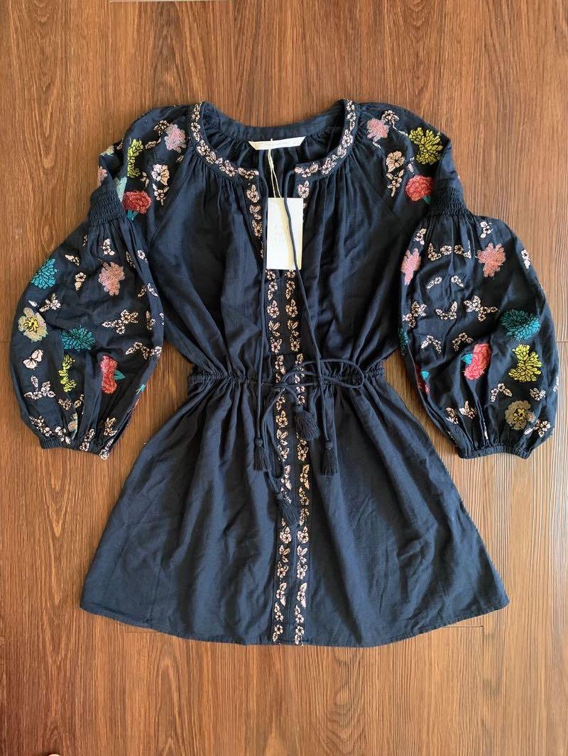 Zara Floral Boho Embroidered Dress Navy Blue, Women's Fashion, Dresses &  Sets, Dresses on Carousell