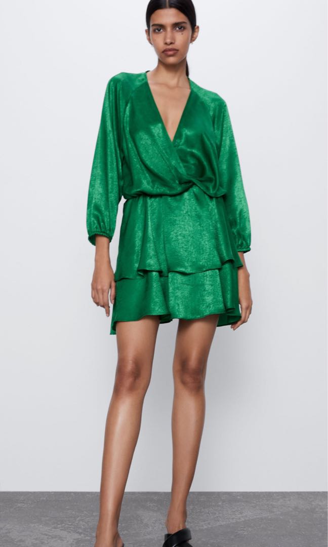 green satin dress zara