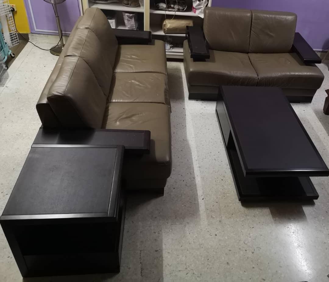 3 2 Genuine Leather Sofa Set Coffee Table Side Table Home Furniture Furniture On Carousell