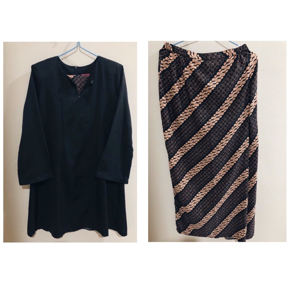 Baju Kurung Riau Plain Hitam Kain Bercorak Batik Muslimah Fashion Two Piece On Carousell