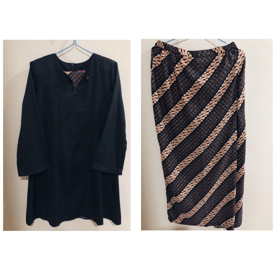 Baju Kurung Riau Plain Hitam Kain Bercorak Batik Muslimah Fashion Two Piece On Carousell