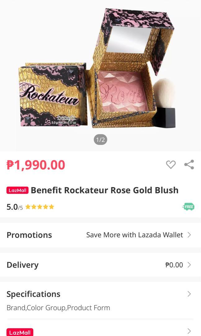 Benefit Rockateur blush full size (Category: Makeup) located in Quezon City. Submitted by maquillage_php (Listing ID 1004424839, Image 3). Description: This is full sized, not mini. Brand new in box. This retails for 1990 in stores (screenshot attached). Selling low already..