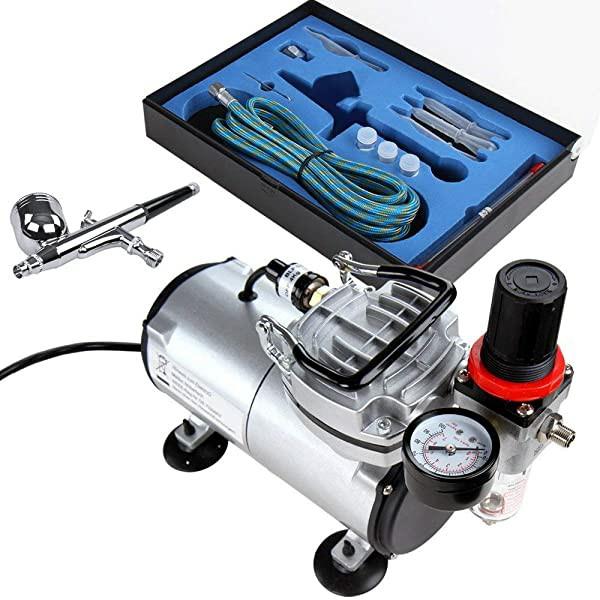 Master Airbrush Multi-purpose Gravity Feed Dual-action Airbrush Kit with 6  Foot Hose and a Powerful 1/5hp Single Piston Quiet Air Compressor 