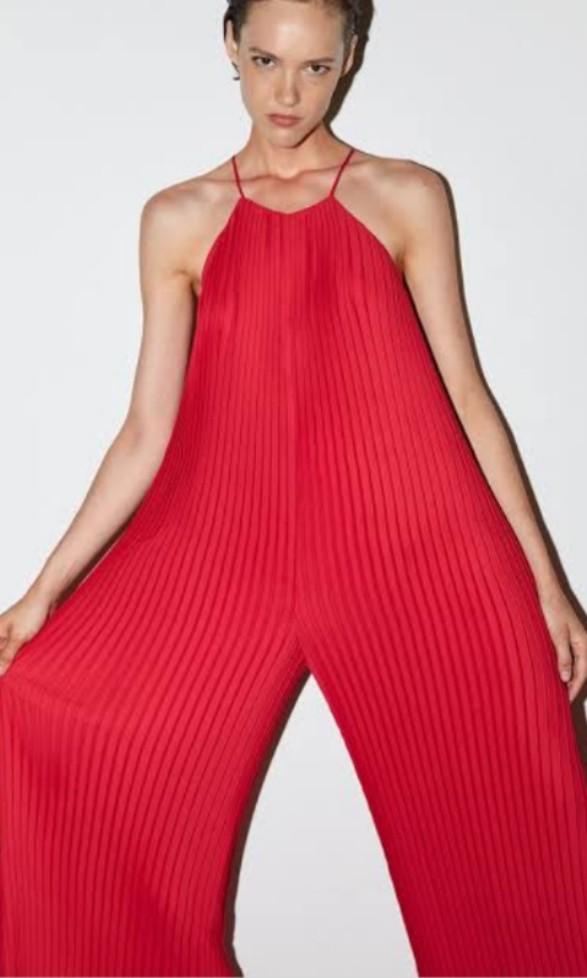 zara red pleated jumpsuit