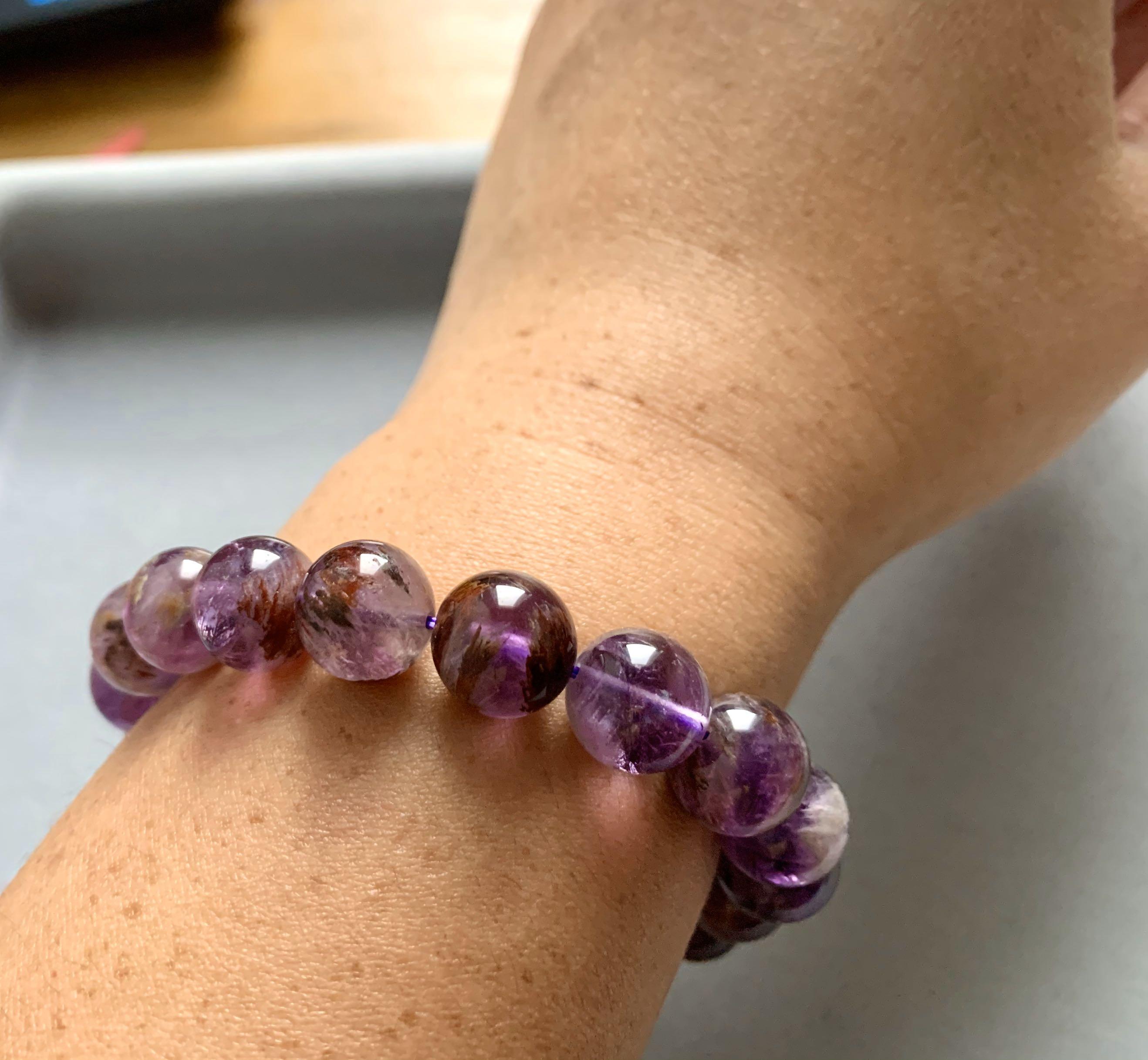 Jacaranda。Purple Phantom Quartz Amethyst Tourmaline Crystal Gemstone  Bracelet - Shop Soft-Boil-Egg Bracelets - Pinkoi